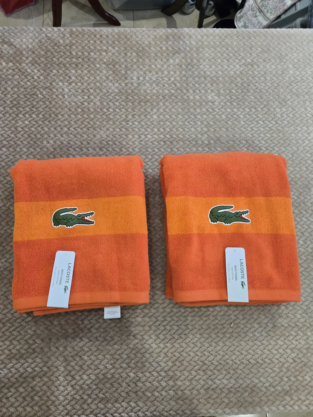 Lacoste Orange Bath Towels Set of 2 Crocodile Logo 100% Cotton New